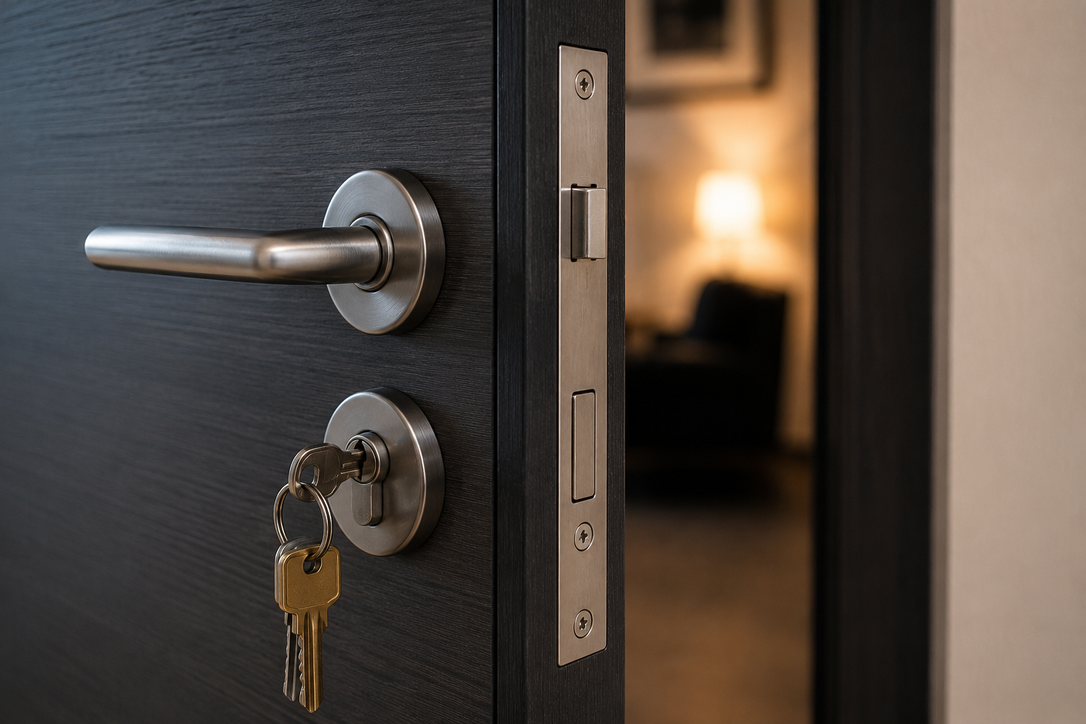 Poignée de porte et clés dans le cylindre d'une serrure